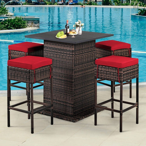 5pc Patio Rattan Bar Table Set - Red