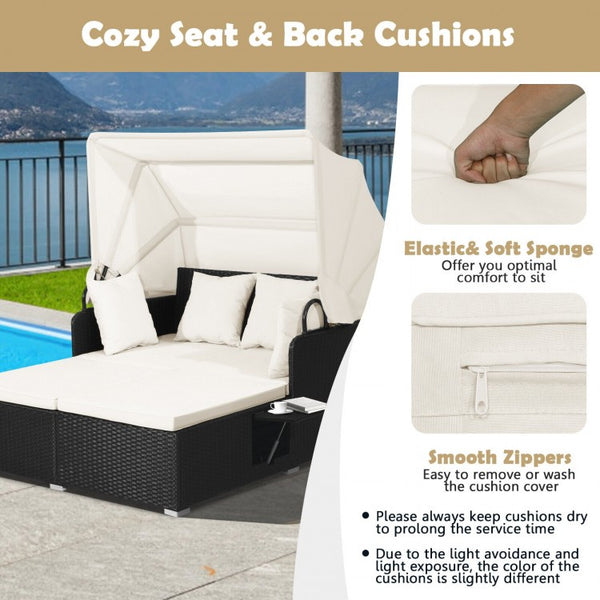 Patio Rattan Daybed with Retractable Canopy  - Off White