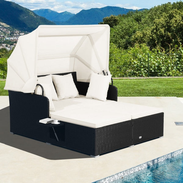 Patio Rattan Daybed with Retractable Canopy  - Off White