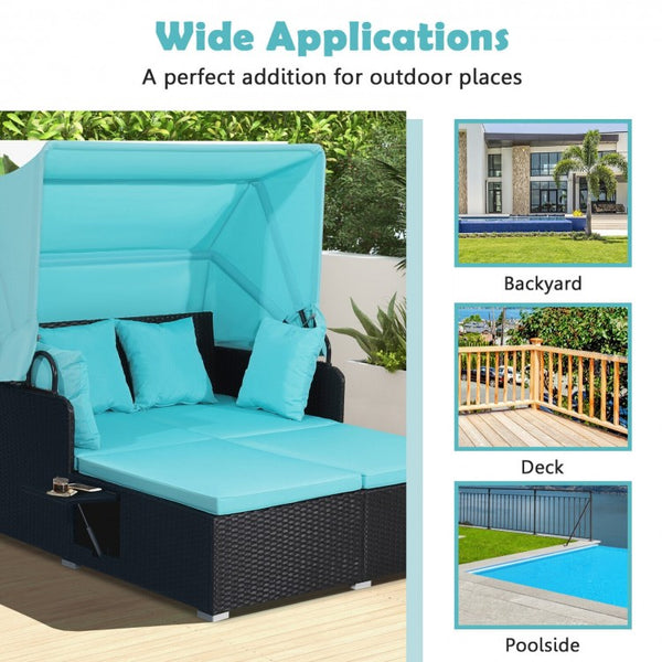 Patio Rattan Daybed with Retractable Canopy  - Turquoise