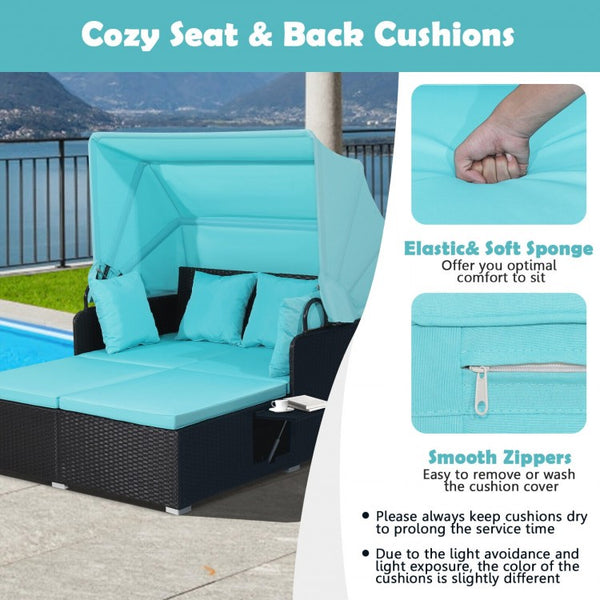 Patio Rattan Daybed with Retractable Canopy  - Turquoise