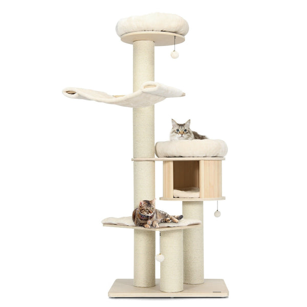 4-Layer 68.5" Wooden Cat Tree Condo Activity Tower - Natural