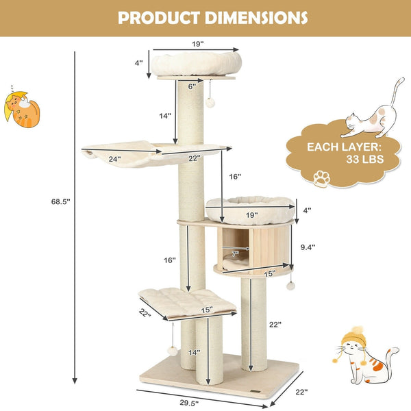 4-Layer 68.5" Wooden Cat Tree Condo Activity Tower - Natural