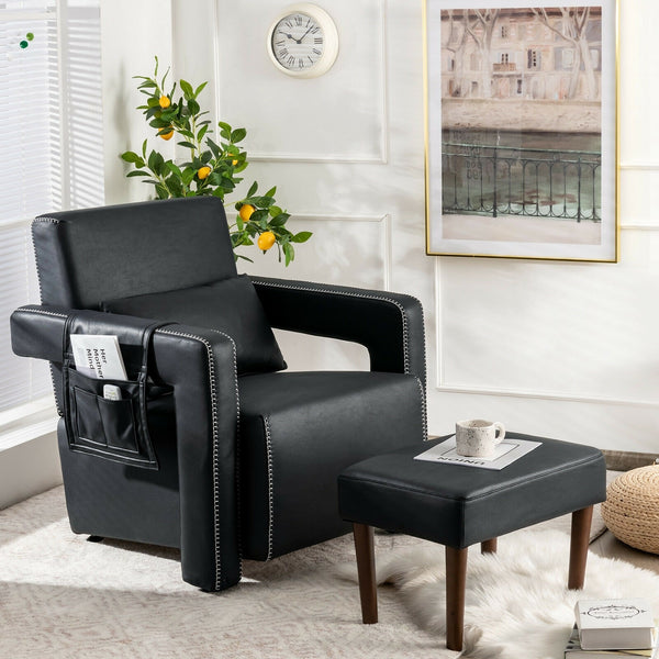 Modern Single Sofa Chair with Ottoman - Black