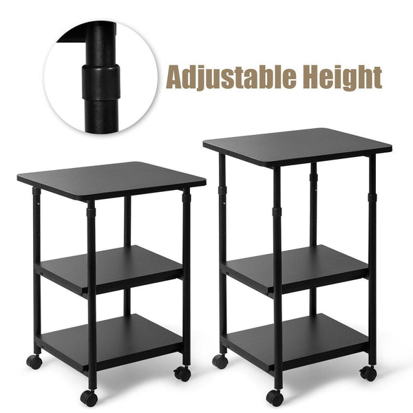 3-tier Adjustable Printer Stand with 360-degree Swivel Casters - Black