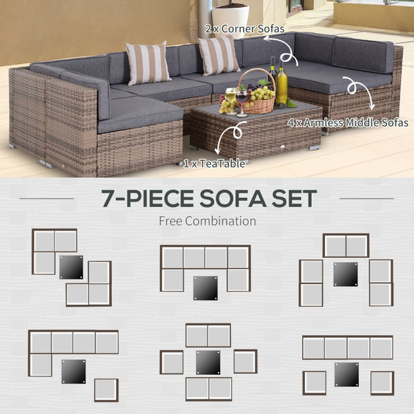 7pc Wicker Patio Furniture Sectional Sofa Set with Cushions - Gray-Beige