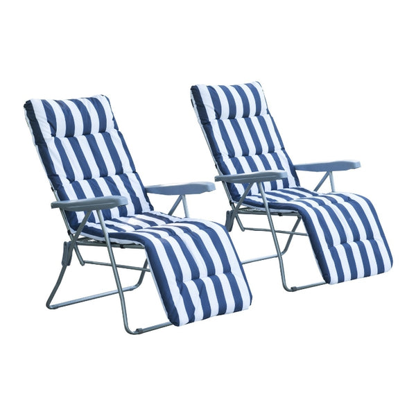 Set of 2 Garden Patio Poolside Adjustable Lounger WIth Cushions - Blue Stripes