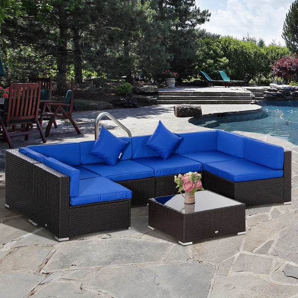7pc Wicker Patio Furniture Sectional Sofa Set with Cushions - Blue