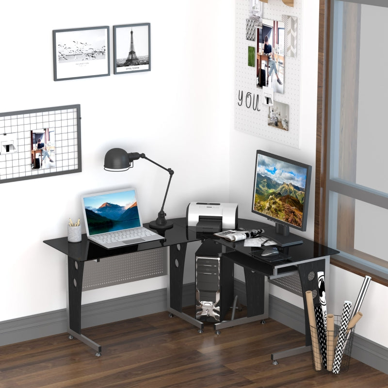 64”L Modern L-Shaped Glass Top Computer Writing Desk