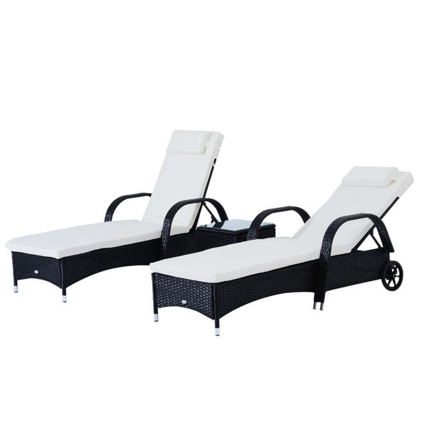 3pc Wheeled Patio Rattan Lounge Set with Side Table - Black