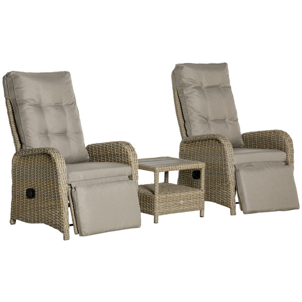 3pc PE Rattan Coffee Table & Adjustable Recliner Chairs Furniture Set - Khaki