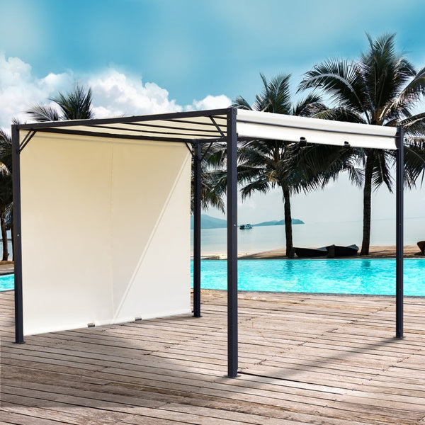 10' x 10' Steel Pergola with Retractable Canopy - Cream White