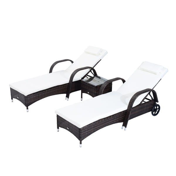 3pc Wheeled Patio Rattan Chaise Lounge Set - Brown and White