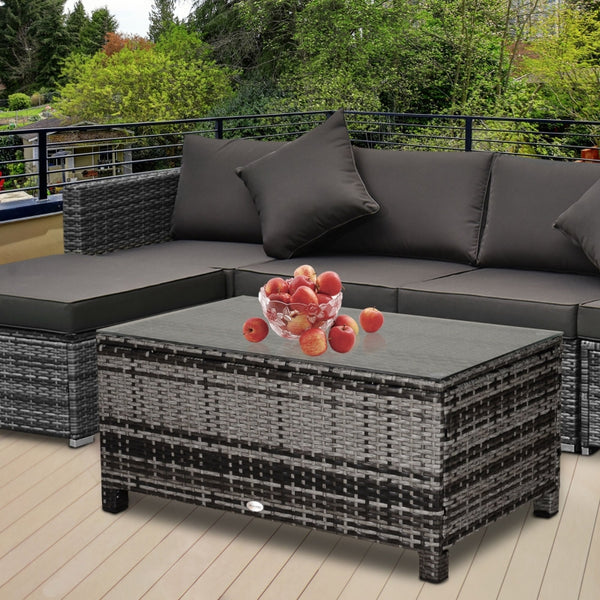 Outdoor PE Rattan Wicker Table with Glass Top - Grey