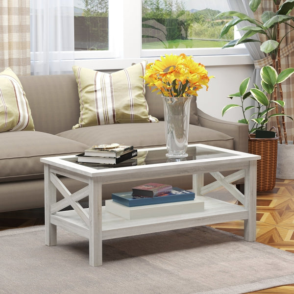 Coffee Table with Tempered Glass Table Top - White Oak