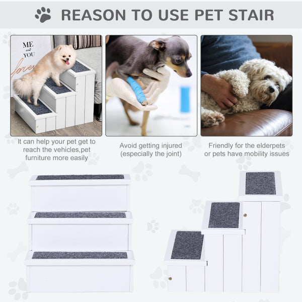 3 Step Wooden Carpeted Pet Stairs - White
